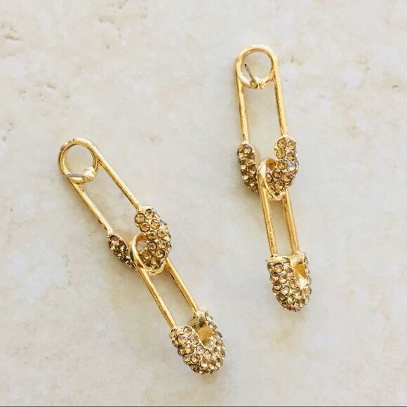 Double Safety Pin Gold Tone Crystal Rhinestone Earrings NWT - Picture 5 of 6